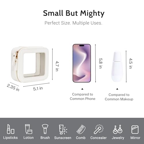 Aveniee Clear Makeup Bag Small, Mini Travel Toiletry Bag Cosmetic Bags Organizer, TSA Approved Clear Makeup Case Pouch with Zipper, Car Essentials for Women Men,White - color: Off-White, style: Mini Chic
