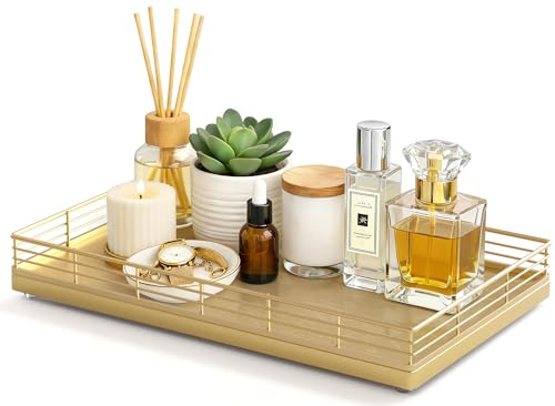 Large Bathroom Vanity Tray – 13" x 8" Oak Decorative Wooden Tray for Bathroom Countertop & Vanity Organizer, Rectangular Wood Tray for Perfume, Skincare, Storage, Vanity Dresser Counter Decor, Gold - color: All Golden, size: 13" x 8" x 2"