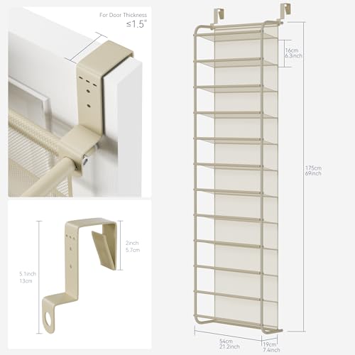 Whitmor 36 Pair Over The Door Shoe Organizer, 12 Tier Hanging Shoe Organizer, Heavy Duty Metal & Mesh Shoe Holder, Hanging Shoe Rack for Closet Organizer & Storage, 69"L x 21.7"W x 7.5"H, Oat - color: Oat, size: Shoe Rack