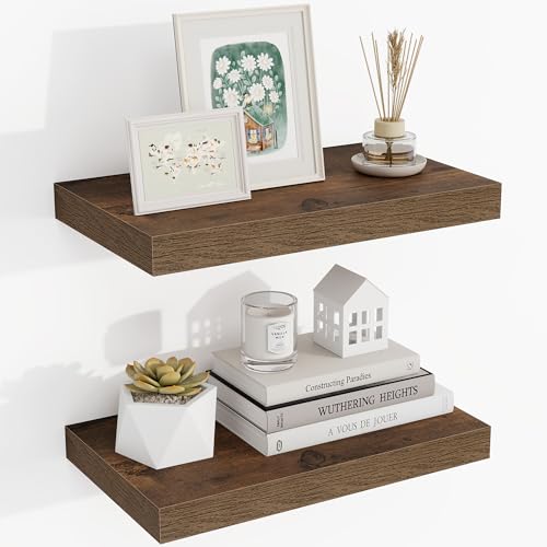 Acovy 16 Inch Floating Shelves, 16"x9.25"x1.5" Inch Deep Floating Shelves for Wall, Wooden Shelves for Bathroom, Bedroom, Living Room, Brown, 2 Pieces - color: Brown, size: 16"x9.25"-2pcs