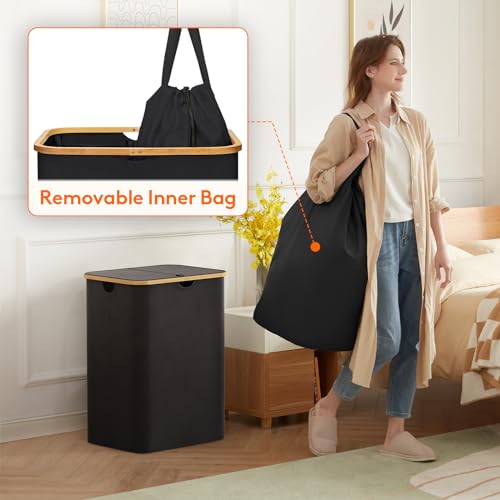 Lifewit 150L Laundry Basket with Lid, Clothes Hampers with Bamboo Handles and 2 Removable Bags, Large Foldable Laundry Hamper for Bedroom, Bathroom, Dorm, Black - color: Black, size: 150L