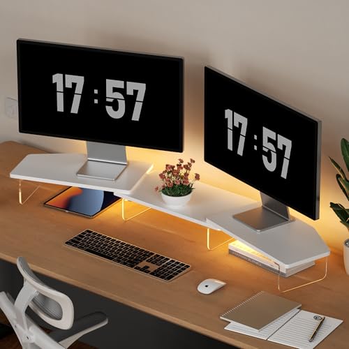 AFOOYO LED Dual Monitor Stand Riser for 2 Monitors,Office Desktop Wooden Stand Adjustable Length and Angle 3 Shelf,Extra Long Multifunctional Stand up to 44.4" for Computer,Laptop,TV,White - color: White, size: Dual