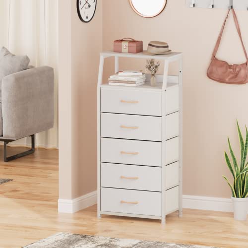 Furnulem White Dresser with 5 Drawers, Vertical Storage Tower Fabric Dresser for Bedroom, Hallway, Entryway, Nursery, Closet Organizer, Nightstand Bedside Table Furniture, Sturdy Steel Frame, Wood Top - color: White, style: 5 Drawers