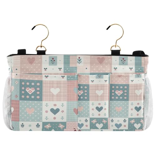Bedside Caddy Hanging Storage Bag Simple Checkered Hearts Bedside Organizer Caddy for Bunk, Dorm Room, Hospital Beds - Place Magazines / Remotes / Keys