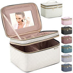 HXLGMD Large Makeup Bag with Mirror Double Layer Travel Make Up Organizer Case, Large Capacity Coemetic with Brush Slot Divider, Travel Toiletry Bag for Women - White/Beige - color: Beige