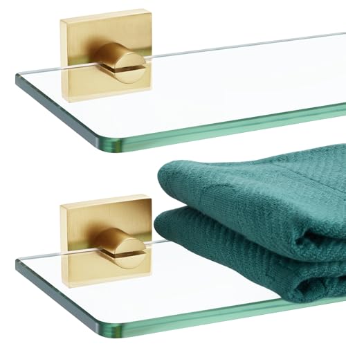 KOKOSIRI Wall Shelves 12-Inch Tempered Glass Shelf Floating Rack for Kitchen Bathroom Shower Storage Decor, 2 Pack Gold Stainless Steel B1107BG-L12-P2 - color: Brushed Gold, size: 12-Inch(2 Pack)