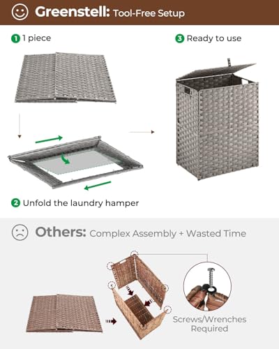 Greenstell Laundry Hamper with 2 Removable Liner Bags - 90L Divided Clothes Hamper, Handwoven Synthetic Rattan Foldable Laundry Basket with Lid and Handles Gray (18.3x13.3x24.0Inches) - color: Gray, size: 90L (18.3x13.3x24.0 Inches)
