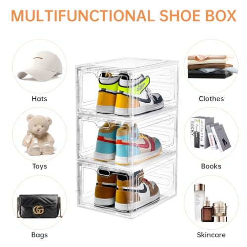 INSTY 6 Pack Large Shoe Storage Box, Clear Shoe Storage Organizer with Magnetic Door, Stackable,Shoe Containers For Display Sneakers, Easy Assembly, Fit up to US Size 12, Clear - color: Clear, size: 6