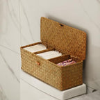 DECRAFTS Seagrass Storage Basket with Lid Rectangular Small Woven Shelf Baskets with Sections for Organize Snack Toys Tampon - color: Natural 3 Sections
