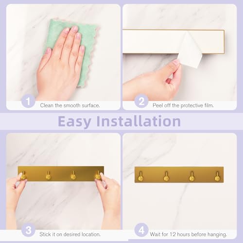 VIS'V Key Holder Wall Mount, Large Metal Self Adhesive Key Hanger with 4 Hooks, No Drilling, Extra Adhesive Strip, Gold - color: Gold