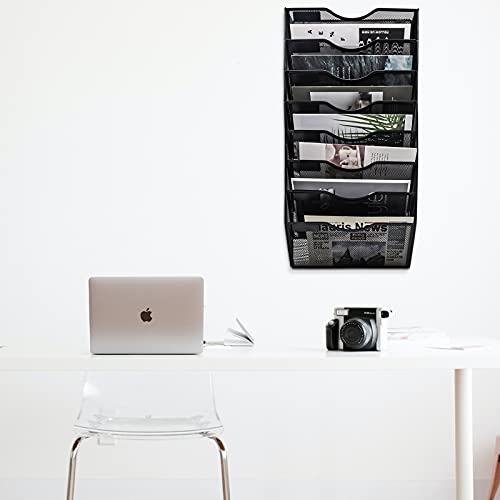 EASEPRES 8 Pocket Mesh Hanging Wall File Organizer, Wall Mounted Mail Paper Document Folder Holder, Clipboard Storage Organization Magazine Rack with Nametag Label for Office Home School, Black - color: Black, size: 8 Tier