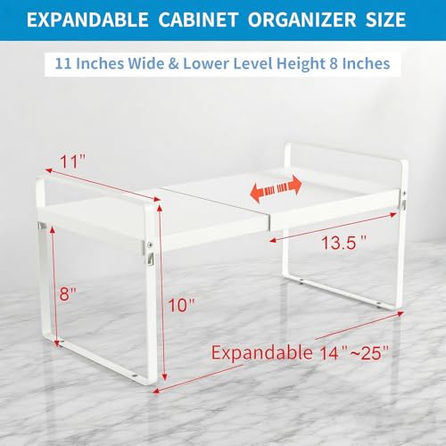 11" Deep Expandable Cabinet Shelf Organizer Riser, 14"-25" Adjustable Cabinet Shelves Rack for Kitchen Pantry Cupboard Under Sink Countertop, 8" High Bottom Layer, White(1 Pack) - size: 1-Pack 11''W