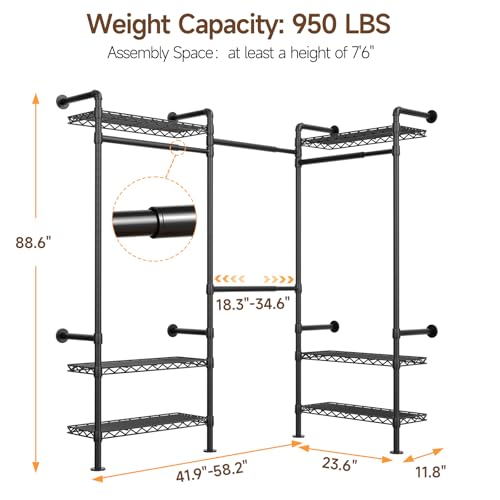L3 Wall Mounted Industrial Pipe Closet System, Corner Closet Organizers with 4 Telescopic Rods & 6 Shelves, Heavy Duty Clothing Clothes Rack in Wardrobe Closet (Black) - color: Black