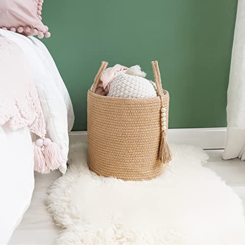Mkono Woven Storage Basket Decorative Natural Rope Basket Wooden Bead Decoration for Blankets,Toys,Clothes,Shoes,Plant Organizer Bin with Handles Living Room Home Decor (Brown, 28 x 28cm) - color: Brown, size: 11"W x 11"L