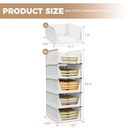 Pinkpum 5 Pack Stackable Plastic Storage Closet Organizers and Storage Bins Drawer Shelf Storage Container for Wardrobe Cupboard Kitchen Bathroom Office White - color: White, size: 5 Pack L