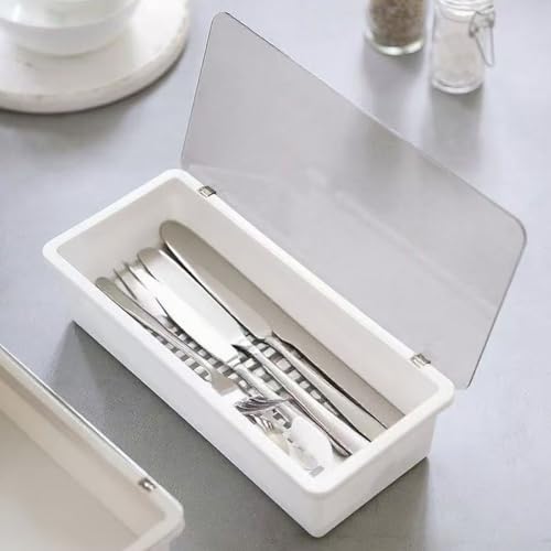 White Flatware Tray Kitchen Drawer Organizer With Lid And Drainer - Plastic Kitchen Cutlery Tray and Utensil Storage Container with Cover - 11.0 Inch Silverware Holder Drawer Organizer - color: White