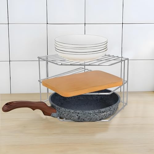 3-Tier Corner Shelf Counter and Cabinet Organizer - Steel Metal Wire - Rust Resistant - Plates, Dishes, Cabinet & Pantry Organizer - Kitchen Organization (10 x 7.5 Inch) (Chrome) - color: Chrome
