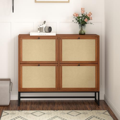 Shoe Cabinet, Shoe Storage Cabinet with 4 Flip Drawers, Freestanding Shoe Organizer Shoe Rack for Entryway, Hallway, Living Room (Walnut - 8 Tiers) - color: Walnut - 8 Tiers