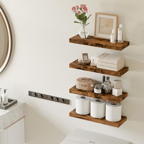 Fixwal Wood Floating Shelves, Wall Shelves Set of 4, Shelves for Wall Decor, with Invisible Brackets for Bathroom, Living Room,Bedroom and Kitchen(Rustic Brown) | Wall Shelves, for Bathroom, Living Room, Bedroom, Kitchen - color: Rustic Brown