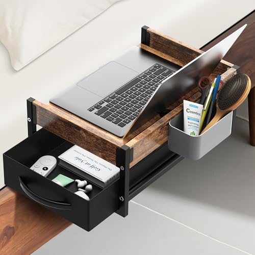 Bedside Shelf for Bunk Bed, 2 Tier Clip On Bed Shelf with Drawer & Cable Management, Under Mattress Bedside Shelf for Dorm Room, Loft Frame, College Dorm Essentials, Back to School (Brown) - color: Brown