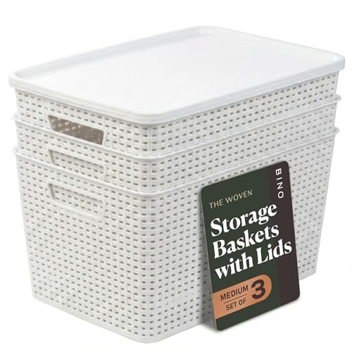 BINO | Plastic Storage Baskets with Lids, 22 Liter - 3 Pack, White | THE WOVEN COLLECTION | Storage Basket for Shelves | Woven Storage Baskets for Organizing Bins Pantry Shelf Organizer Container Bin - color: White, size: 22L | 3-Pack