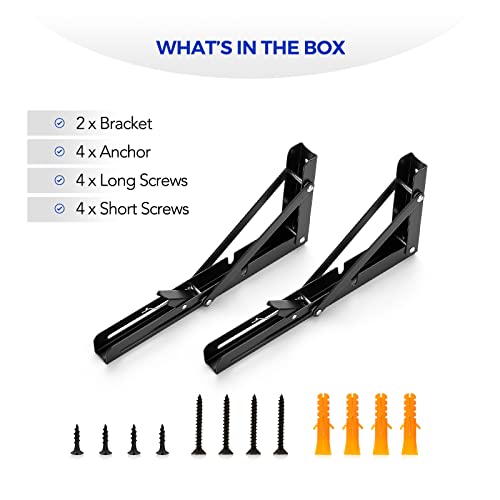 Ravinte 2 Pack 10 Inch Folding Shelf Brackets – Matte Black, Heavy Duty Collapsible Brackets for Tables and Benches – Space-Saving Design - size: 10 Inch