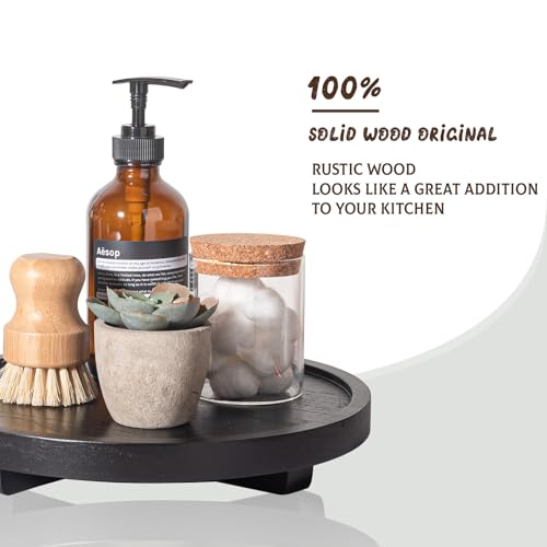 Round Decorative Tray Wood Bathroom Counter Organizer Farmhouse Kitchen Decor Wooden Riser for Soap Dish, Perfume, Candle, Sponge, 10" - Black - color: Black, size: 10"