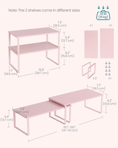 SONGMICS Cabinet Organizer Shelf, Set of 2 Kitchen Counter Shelves, Kitchen Storage, Spice Rack, Stackable, Expandable, Metal and Engineered Wood, Jelly Pink UKCS025S01 - color: Jelly Pink, size: 15.6"W