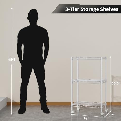Golpart Small 3 Tier Shelves Storage Wire Shelving Unit Metal Shelf Adjustable Organizers Storage Shelving with Wheels for Bathroom Laundry Room Kitchen Pantry12”D x 18”W x 30.7”H White - color: White, size: 3 shelves (12 "D X 18 "W X 30.7 "H)