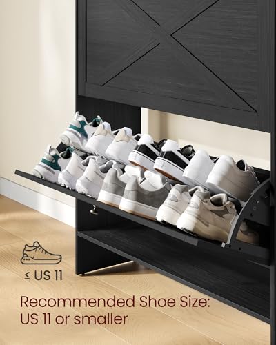 VASAGLE Shoe Storage Cabinet Organizer with 2 Flip Drawers, Freestanding Narrow Shoe Rack Cabinet for Entryway, Farmhouse Style, Fits 14 to 16 Pairs, Smoky Black UHSC203BJ01S - color: Smoky Black