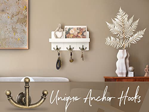 Rebee Vision Key Holder for Wall with Shelf: Elegant Farmhouse Mail Organizer with Decorative Floating Shelf and 3 Anchor Key Hooks for Wall - Retro Key Hangers for Entryway Decor (Rustic White) - color: White