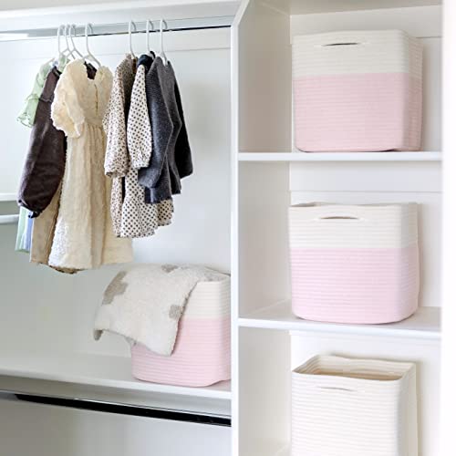 NaturalCozy Storage Cubes 11 Inch Cotton Rope Woven Baskets for Organizing, 3-Pack | Cube Storage Bin | Square Storage Baskets for Shelves Organizer, Classroom, Kids Toy Bins, Closet, Baby Nursery - color: Off White & Mixed Pink