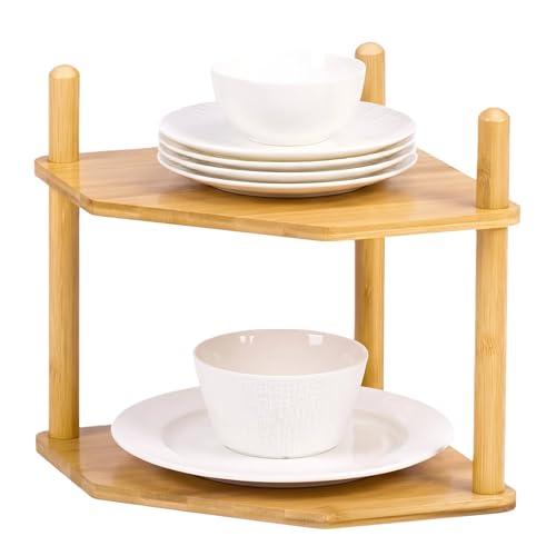 2-Tier Expandable Bamboo Corner Shelf - Dish/Plate Organizer for Cabinet, Kitchen Counter Shelf & Small Kitchen Shelf, Adjustable (6.7" H-Natural, 2-Tier) - color: 6.7"H-Natural-2