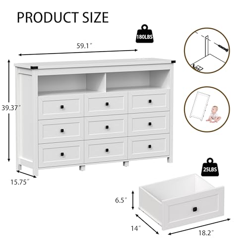 Dresser for Bedroom with 9 Drawers, Wide Modern Chest of Drawers with LED Light and Power Outlet, Wooden Closet Organizer Clothes Storage Cabinet, Double Dressers for Living Room, Hallway, White - color: White, size: 15.8"D x 59.1"W x 39.4"H (9 Drawers)