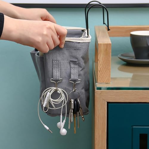 Bedside Caddy, Large Capacity Hanging Bedside Organizer with Side Hooks and 2 Pockets,Durable Versatile Bedside Caddy for Dorm Bed Phone Hospital College Magazine Remote Control Laptop Books (Blue)