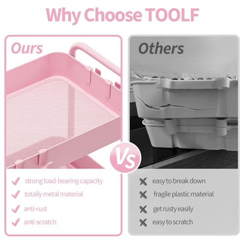 TOOLF 4-Tier Rolling Cart - Metal Storage Organizer with Lockable Wheels, 44 lbs Per Shelf Capacity, Tool-Free Assembly, for Kitchen Bathroom Office Laundry Room Nursery, Pink - color: Pink, size: 4-Tier