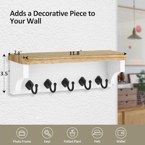 Nekon Key Holder for Wall, 11.8" W x 3.5" H x 2.8" D Decorative Key Organizer with Floating Shelf, Wall Mount Key Rack with 5 Hooks (Wood) - color: Wood