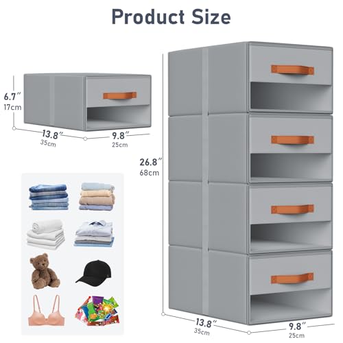 DIMJ Closet Organizers and Storage - Fabric Bins with Drawers for Closet Clothes Organizers with Clear Window, Stackable Storage Drawers Units for Bedroom, Living Room, 4 Pack, Grey - color: Grey, size: 4 Pack