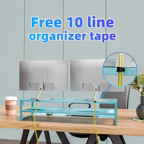 Simple Trending 2 Tier Metal Dual Monitor Stand Riser, Computer Office Desktop Organizer for 2 Monitors with 32"x10" Mouse Pad for Laptop, Printer, TV, Blue - color: Blue