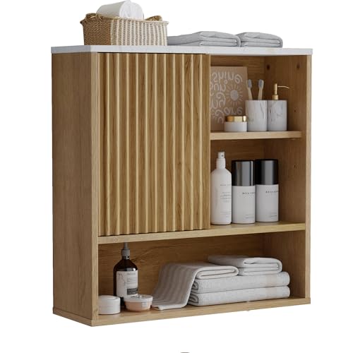 Bathroom Cabinet Wall Mounted Fluted, Modern Medicine Cabinet Over The Toilet Storage Cabinet Faux Marble Top with Adjustable Shelf, Wood Wall Mounted Storage Cabinet Organizer(Oak, Medium) - color: Oak, size: Medium