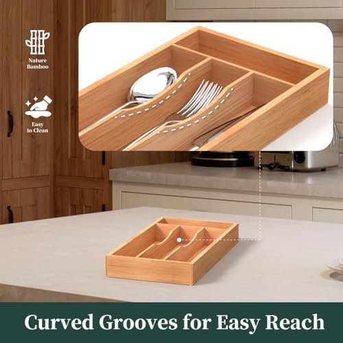 Small Silverware Organizer, Bamboo Kitchen Drawer Organizer, Utensil Holder, Cutlery Tray & Spoon Flatware Storage with Grooved Drawer Dividers (6.7''W x 12''D) - color: Natural, size: 6.7''W x 12''D