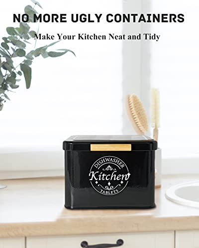 Dishwasher Pod Container with Hinged Lid. Farmhouse Metal Dishwaser Pods Holder for Kitchen Cabinet Organizer. Modern Kitchen Decor and Accessories. Dishwasher Detergent Tablet Storage (Black) - color: Black