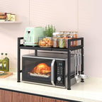 PUSDON Textured Black Microwave Oven Rack, Expandable 2-Tier Kitchen Countertop Organizer, Heavy Duty Carbon Steel Stand with 3 Hooks, Adjustable Height & Length - color: Textured Black, size: H-frame 2 tier