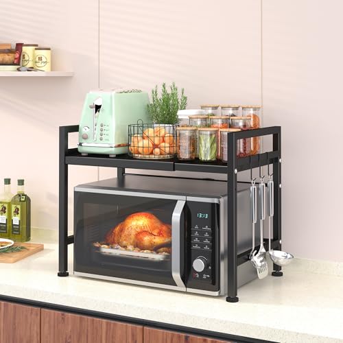 PUSDON Textured Black Microwave Oven Rack, Expandable 2-Tier Kitchen Countertop Organizer, Heavy Duty Carbon Steel Stand with 3 Hooks, Adjustable Height & Length - color: Textured Black, size: H-frame 2 tier