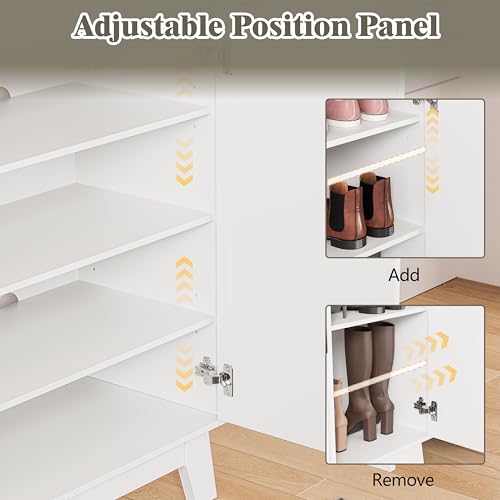 Shoe Cabinet Storage for Entryway, 4 Tier Fluted Shoe Storage Cabinet with 2 Drawers, Narrow Hidden Shoe Organizer with Adjustable Shelves, Freestanding Shoe Rack for Entryway, Hallway, White - color: White, size: 4 Tier