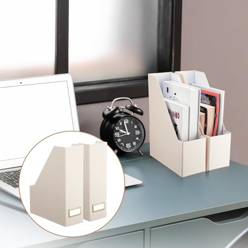 Feifeiya Magazine File Holder Set of 6 Stylish Sturdy Cardboard File Boxes Desk Organizer Beautiful Magazine Holder Rack with Gold Label Holder for Home Office Desktop Bookshelf Classroom(Beige) - color: Beige