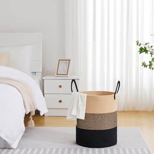 VIPOSCO Large Laundry Hamper, Tall Woven Rope Storage Basket for Blanket, Toys, Dirty Clothes in Living Room, Bathroom, Bedroom - 53L Brown & Black - color: Brown & Black, size: 53L