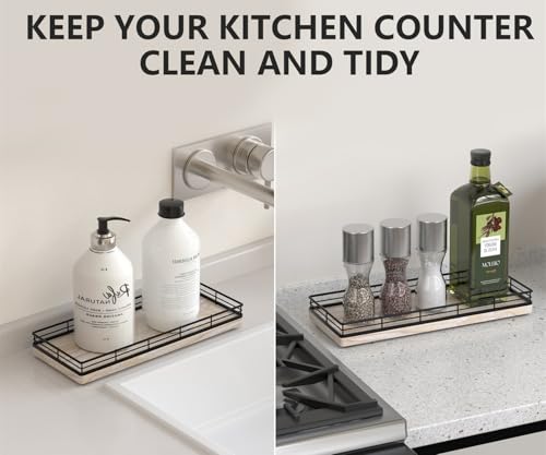 Bathroom Tray for Counter Top Organizer – Ash Wood Vanity Tray with Metal Frame for Dresser, Kitchen, Nightstand – Black & Whitewashed Decorative Storage - color: Black & Whitewashed, size: 11" x 4.5" x 1.5"