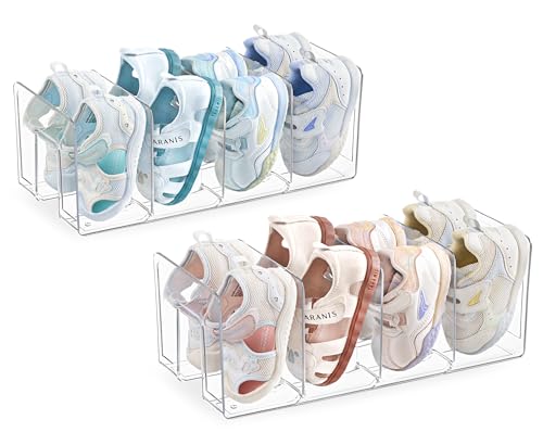 HBlife Clear Acrylic Kids Shoe Rack for Closet Organizers and Storage, Small Shoe Rack 4 Sections Toddler Baby Shoe Storage Organizer Stackable Shoe Shelf,Desk File Sorter Book Purse Organizer(2 Pack) - color: Clear, size: 2 Pack
