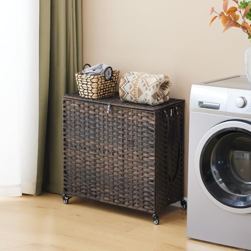 Laundry Hamper with Wheels, 39.6 Gallon(150L) Rolling Laundry Basket with Lid, 3-Section Rattan Clothes Hamper with 3 Removable Liner & 3 Mesh Bags, Laundry Sorter with Side Pocket, Brown - color: Brown, size: 150L（23.62 x 15.75 x 25.6 Inches）